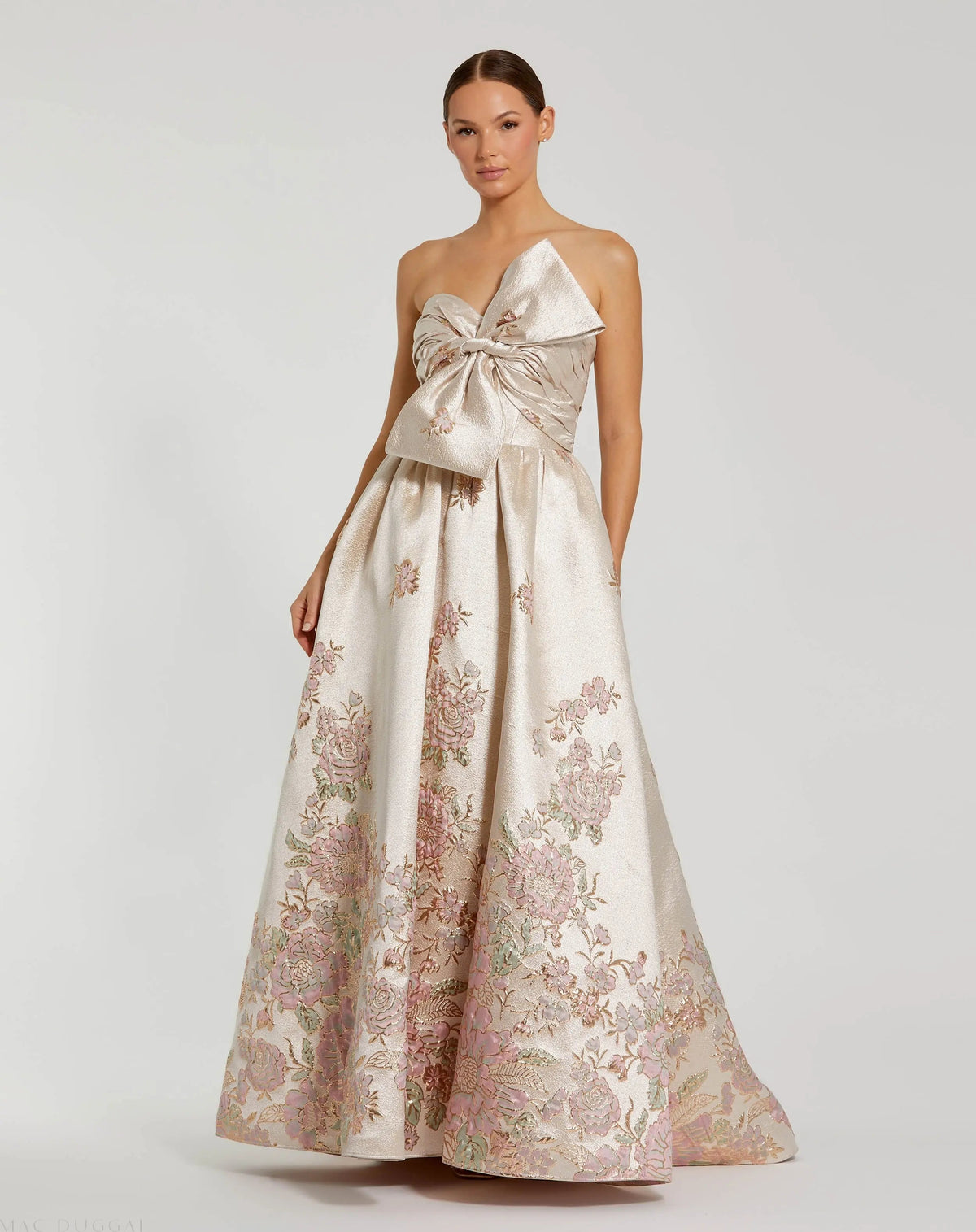 Mac Duggal #20974 champagne multi strapless brocade floral ball gown with bow detail