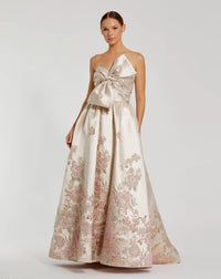 Mac Duggal #20974 champagne multi strapless brocade floral ball gown with bow detail