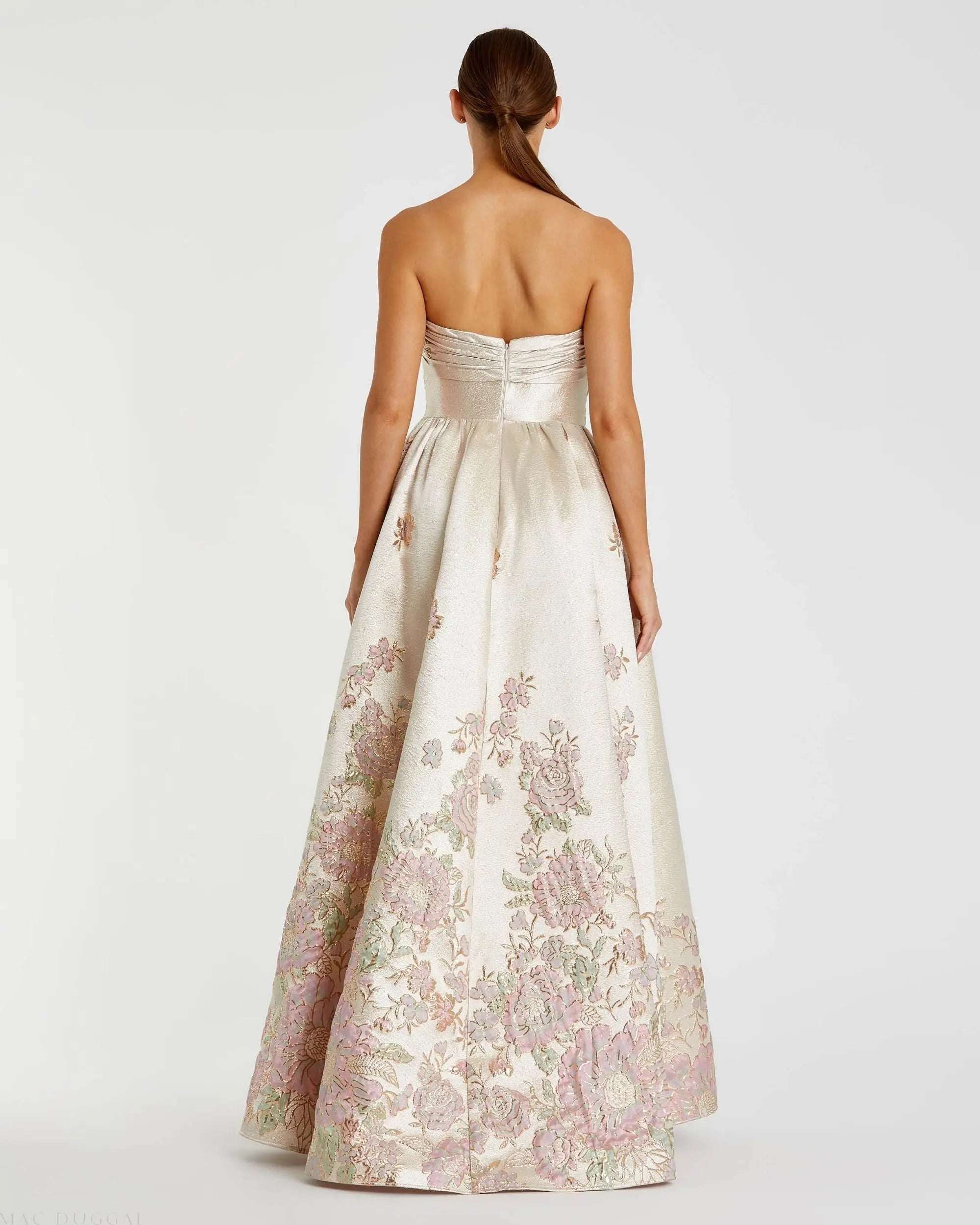 Mac Duggal #20974 champagne multi strapless brocade floral ball gown with bow detail