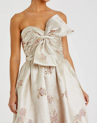 Mac Duggal #20974 champagne multi strapless brocade floral ball gown with bow detail