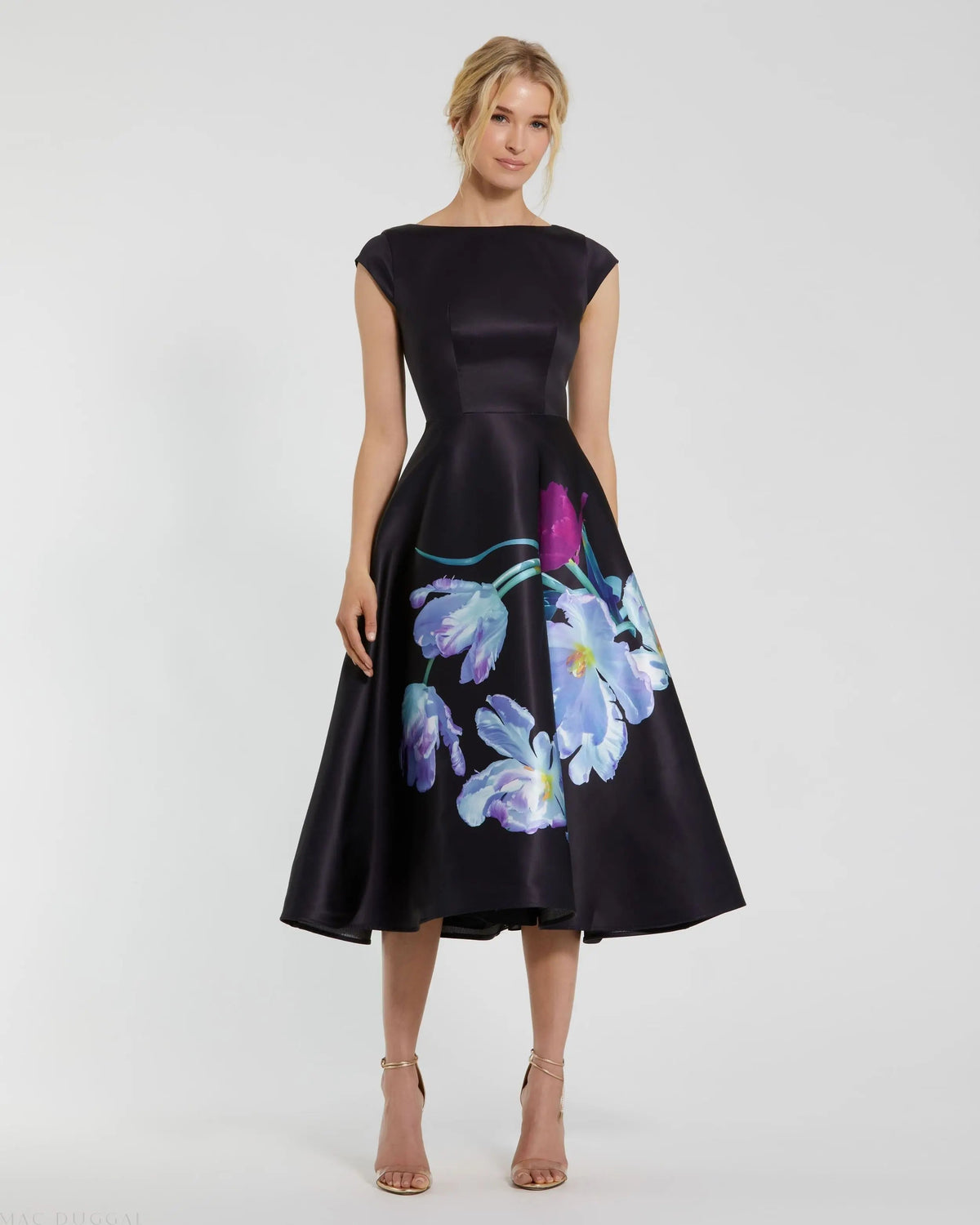 Mac Duggal #20995 black multi floral print cap sleeve midi dress