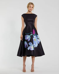 Mac Duggal #20995 black multi floral print cap sleeve midi dress