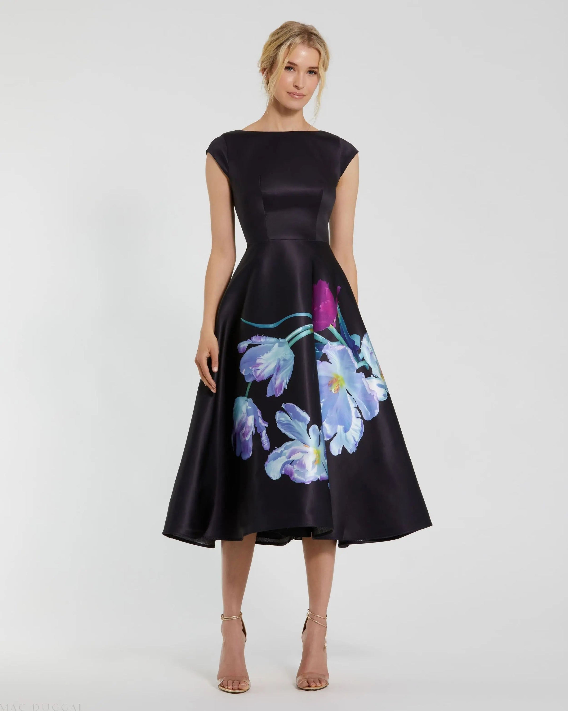 Mac Duggal #20995 black multi floral print cap sleeve midi dress