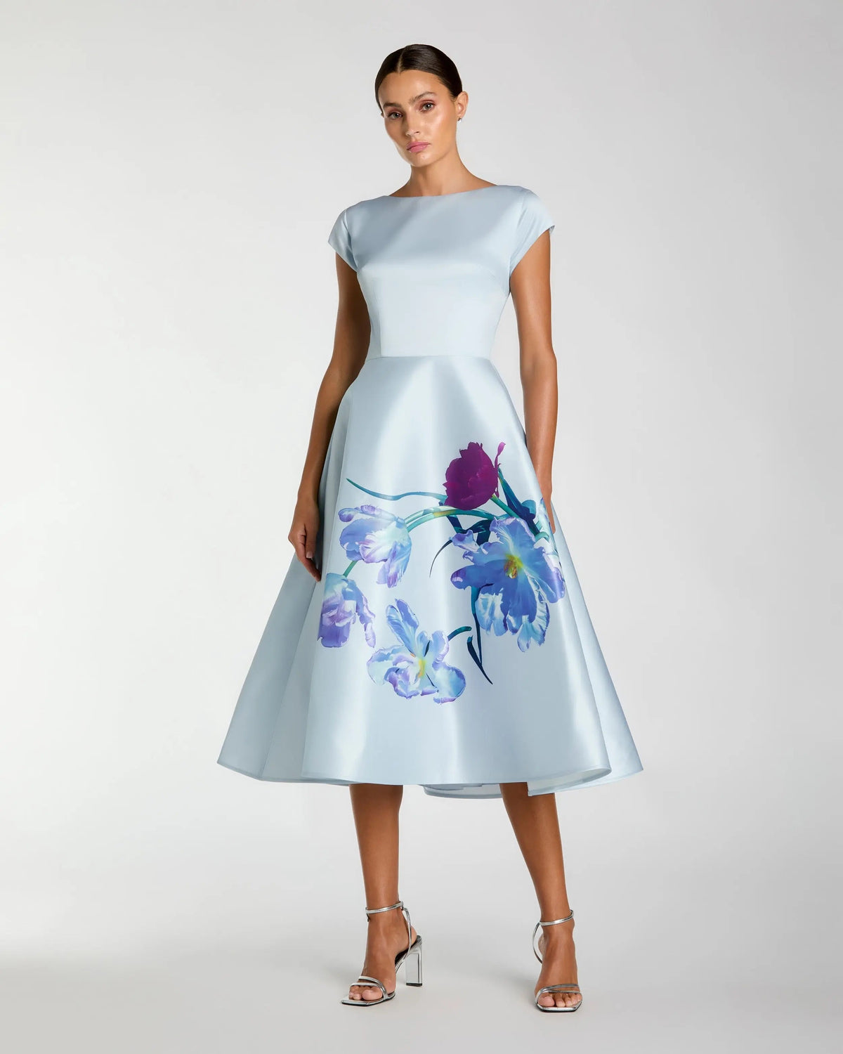 Mac Duggal #20995 periwinkle multi satin cap sleeve floral print midi dress