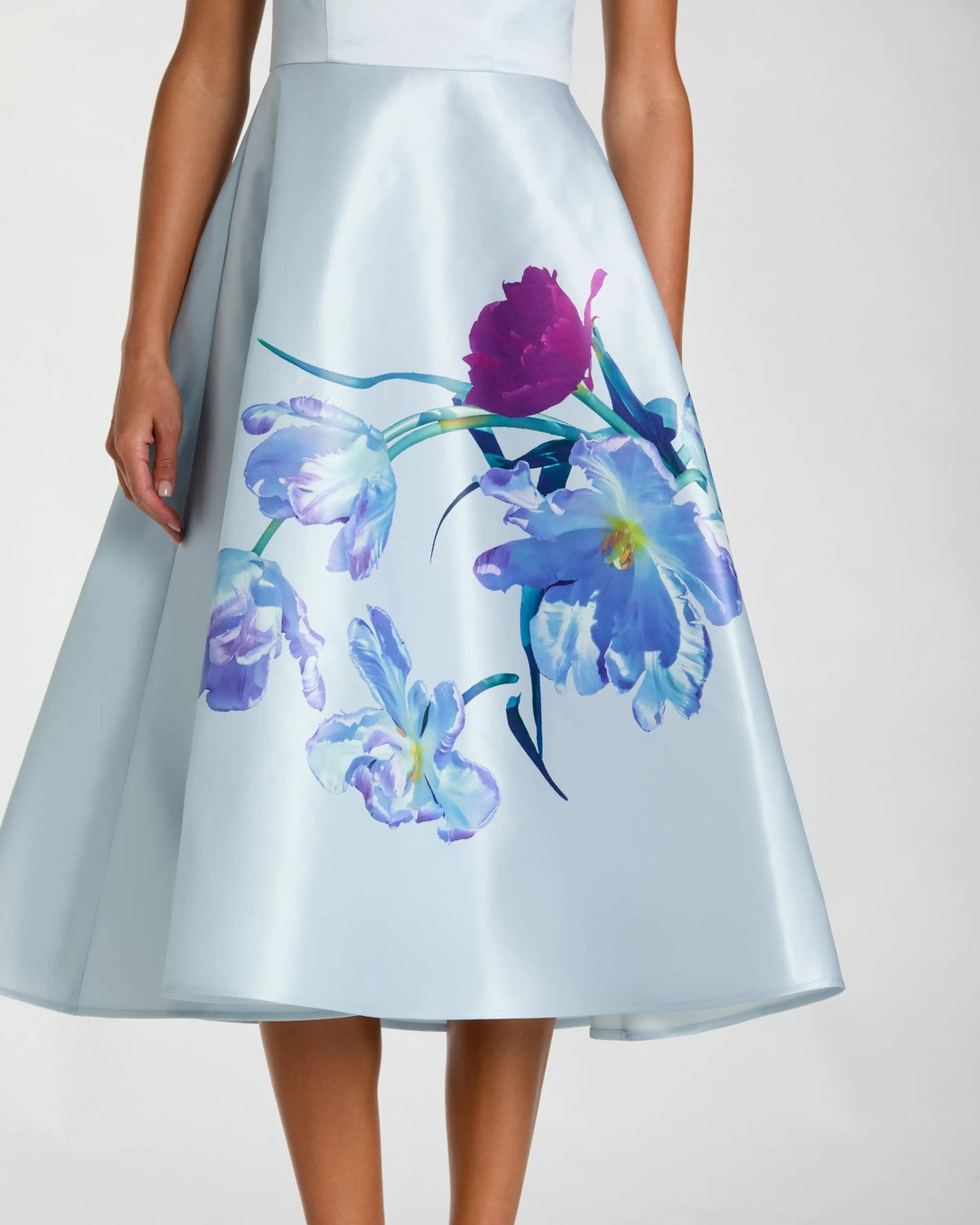 Mac Duggal #20995 periwinkle multi satin cap sleeve floral print midi dress close-up