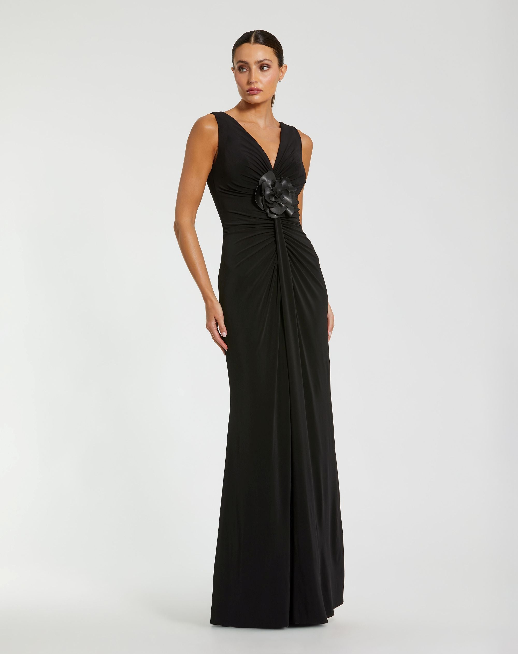 Mac Duggal #21005 Jersey Gown With 3D Flower Black
