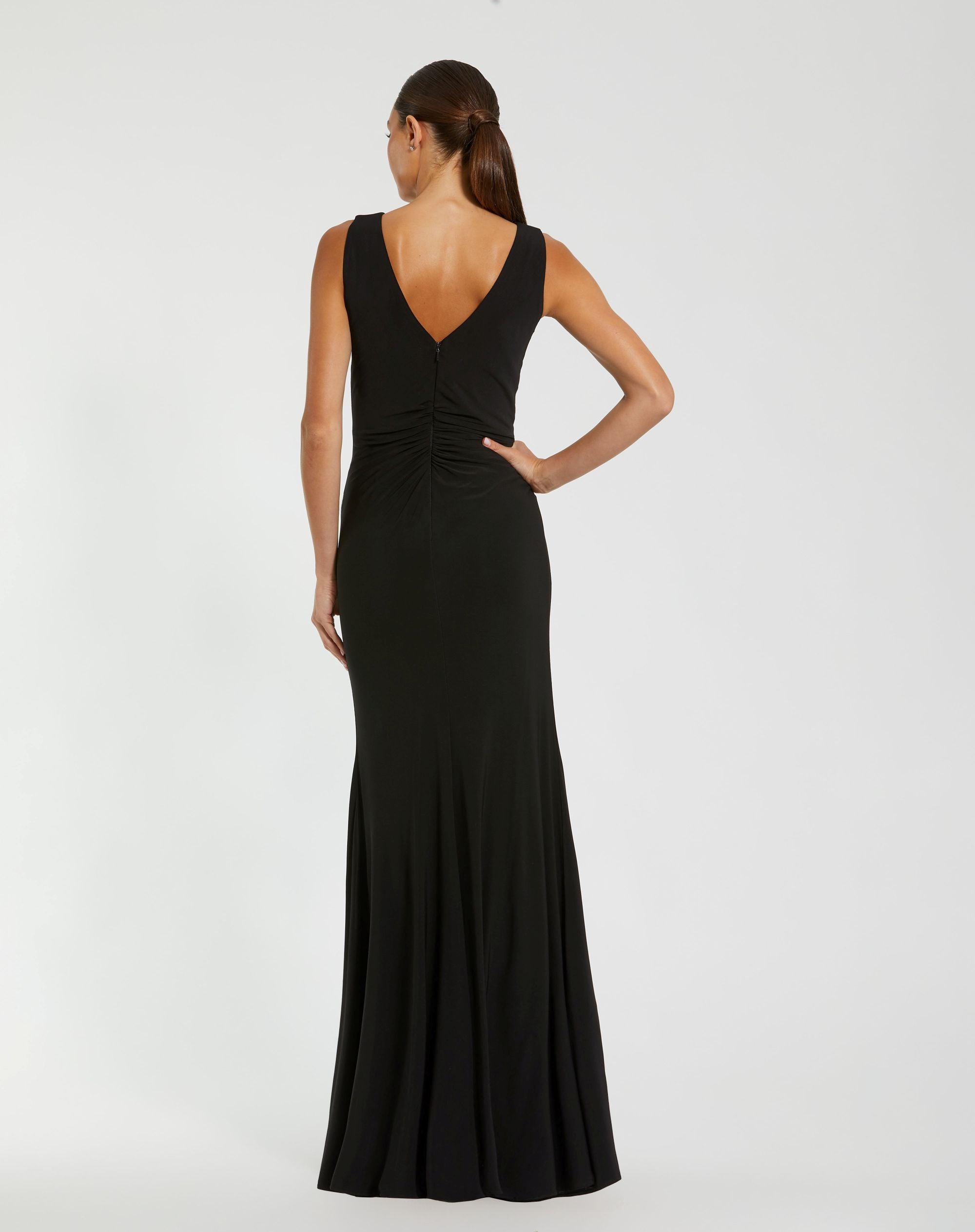Black Sleeveless Jersey Gown With 3D Flower back