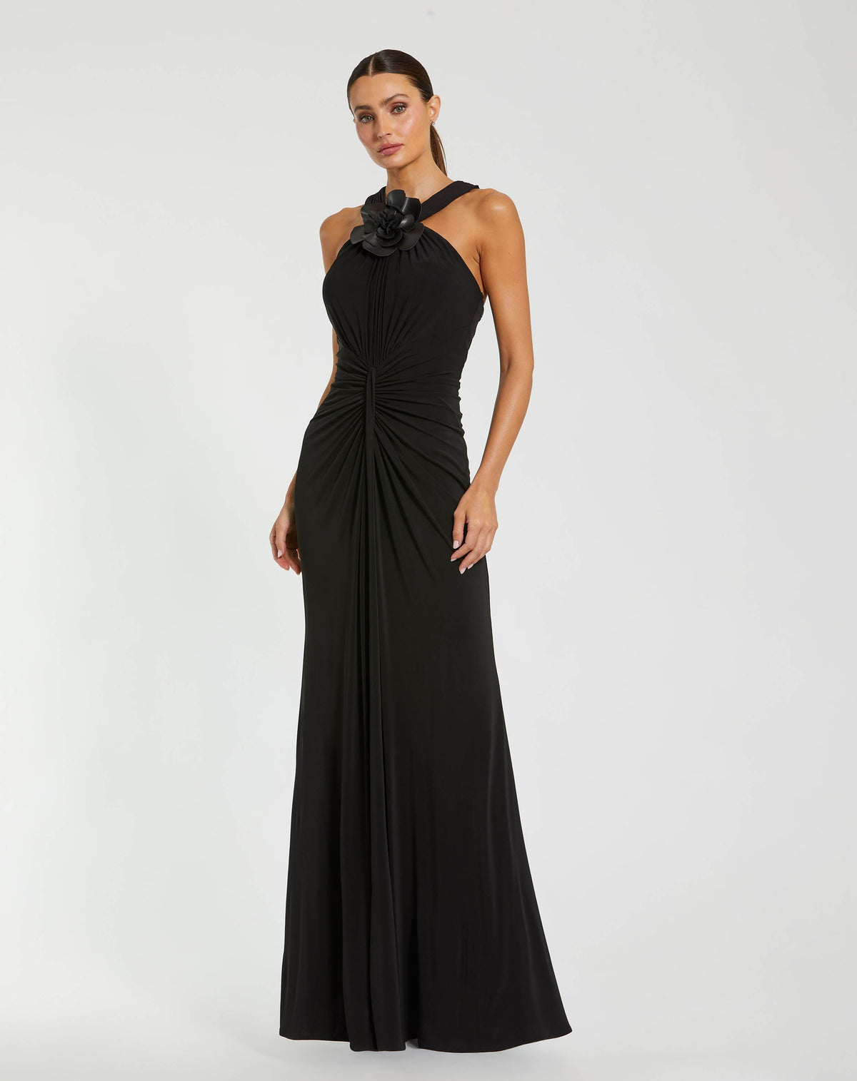 Mac Duggal #21006 black jersey halter gown with floral applique