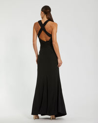 Mac Duggal #21006 black jersey halter gown open crisscross back