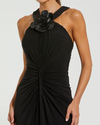 Mac Duggal #21006 black jersey gown 3D floral applique detail