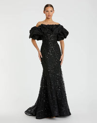 Mac Duggal, Beaded Applique Off The Shoulder Mermaid Gown Black #21033