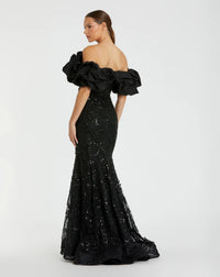 Beaded Applique Off The Shoulder Mermaid Gown - Black