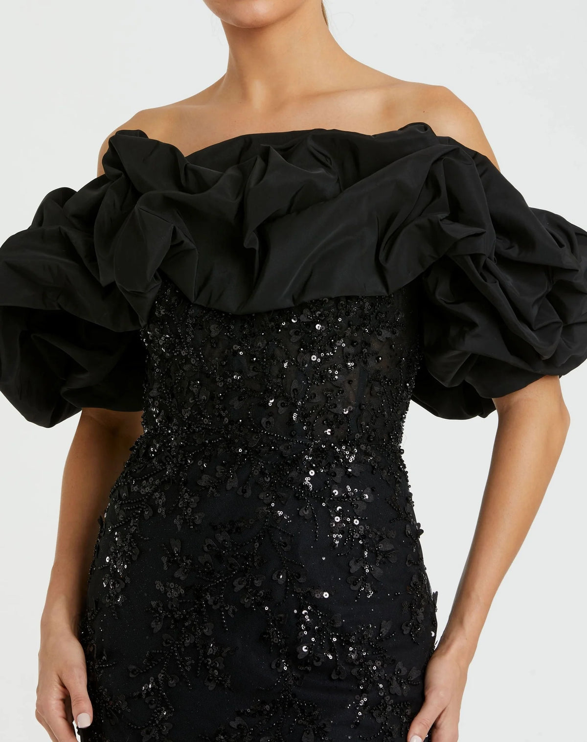 Beaded Applique Off The Shoulder Mermaid Gown - Black