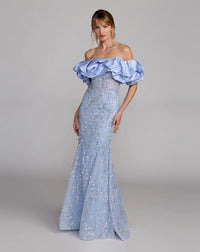 Blue beaded appliqué off the shoulder mermaid gown