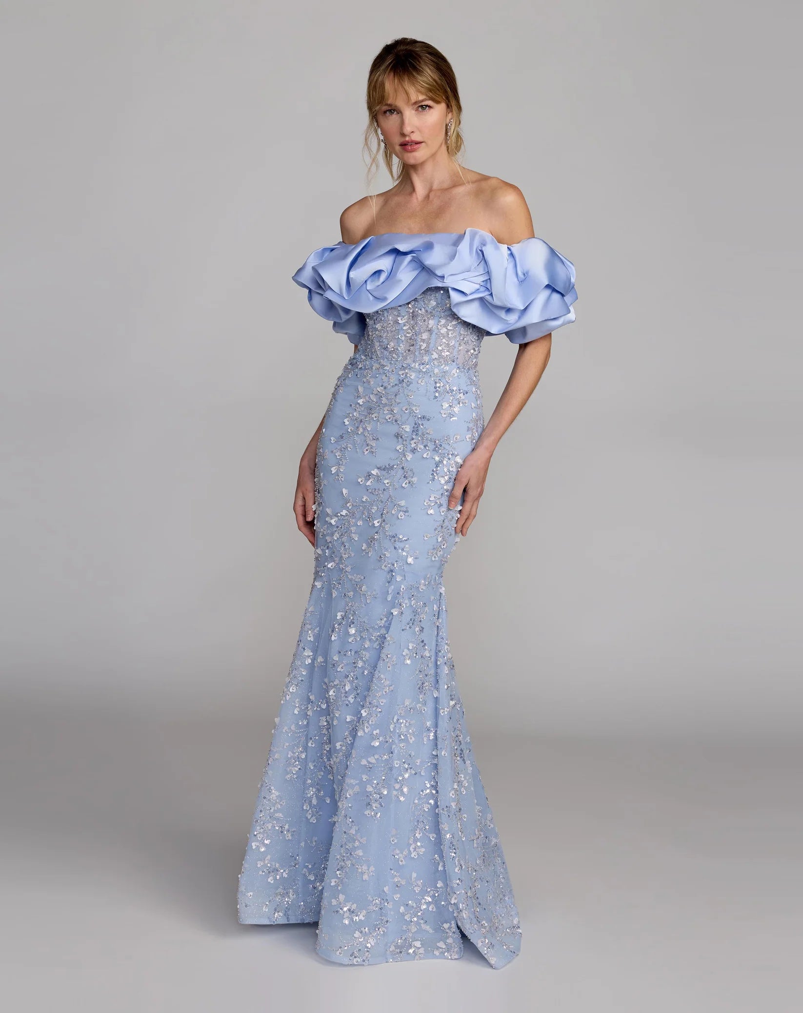 Blue beaded appliqué off the shoulder mermaid gown