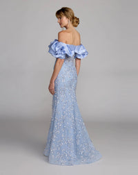 Blue beaded appliqué off the shoulder mermaid gown