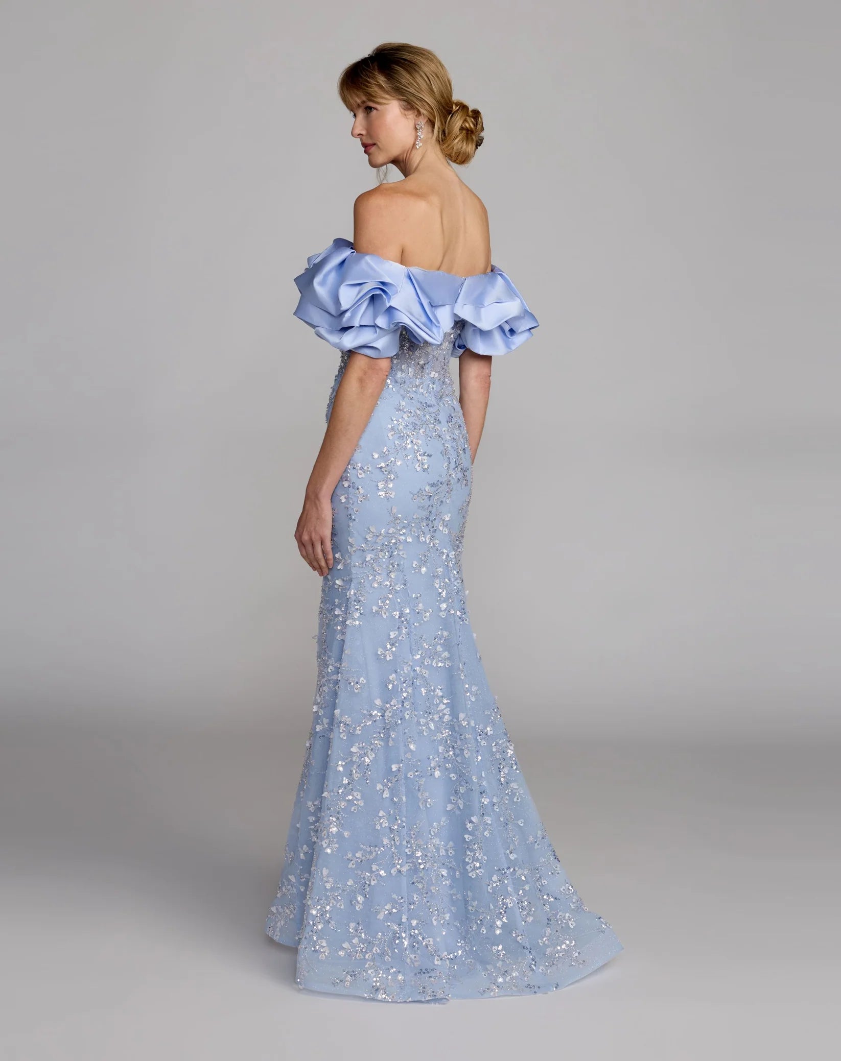 Blue beaded appliqué off the shoulder mermaid gown