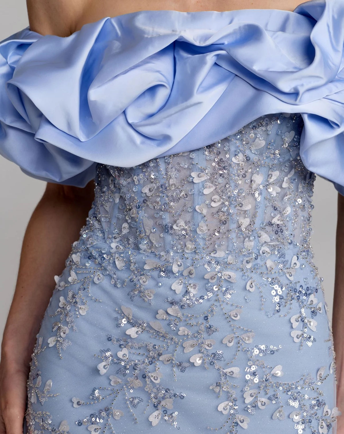 Blue beaded appliqué off the shoulder mermaid gown