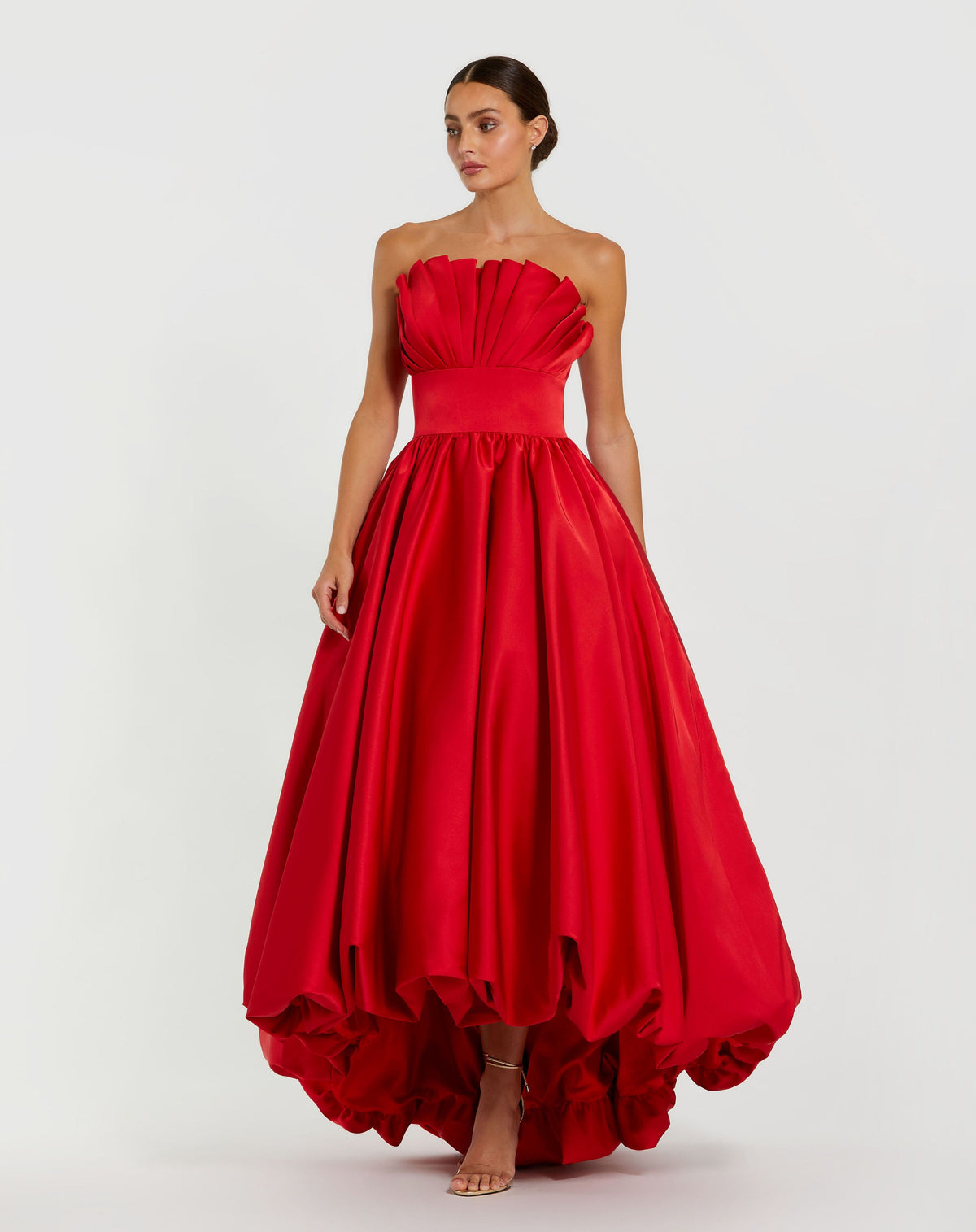 Red Strapless Bubble Hem High Low Ball Gown