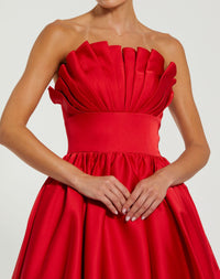 Red Strapless Bubble Hem High Low Ball Gown - Close Up