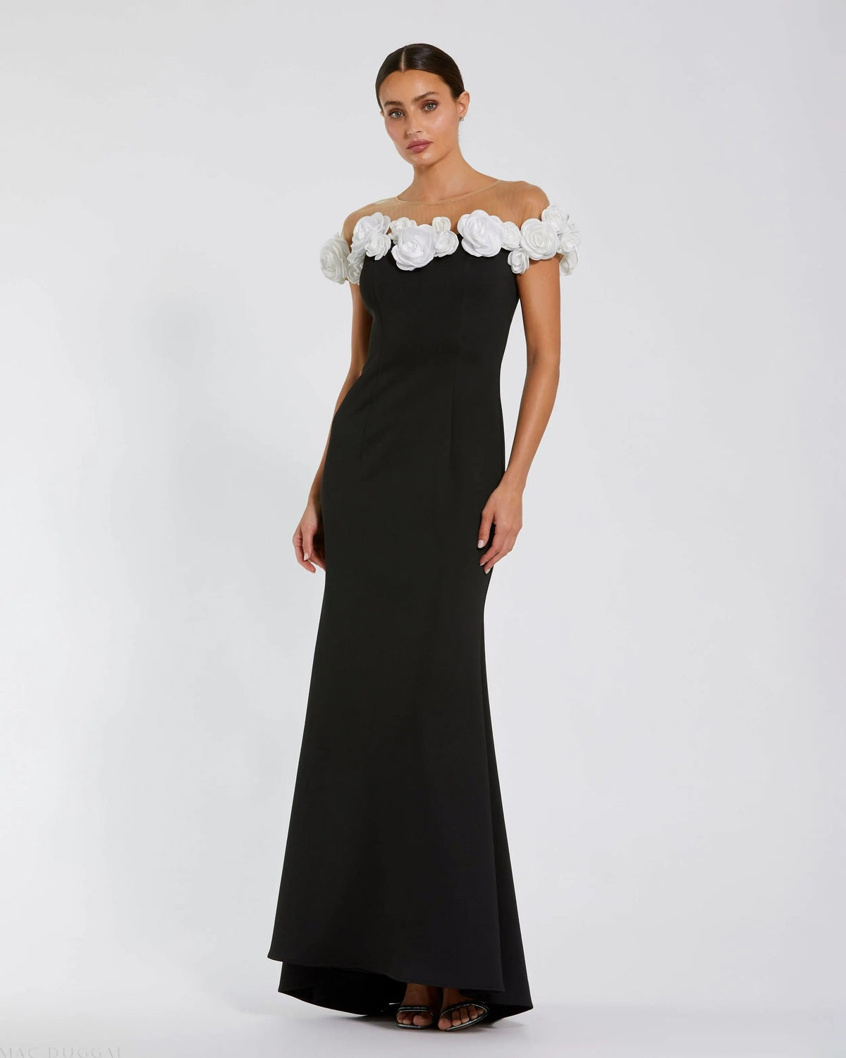 Mac Duggal 21041 Black Cream crepe mermaid gown with 3D flowers - Front