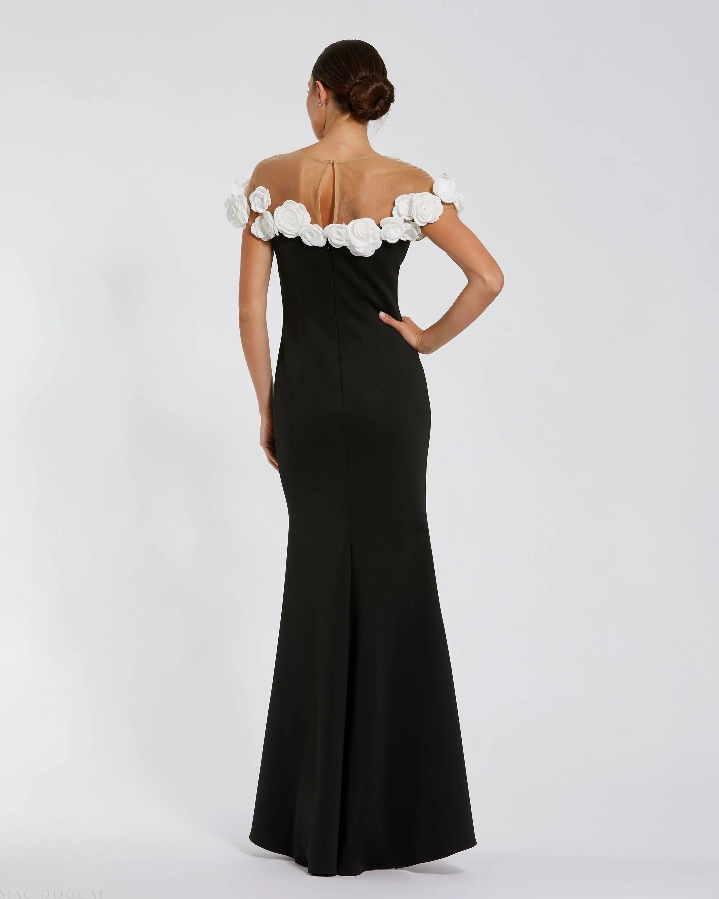 Mac Duggal 21041 Black Cream crepe mermaid gown with 3D flowers - Back view