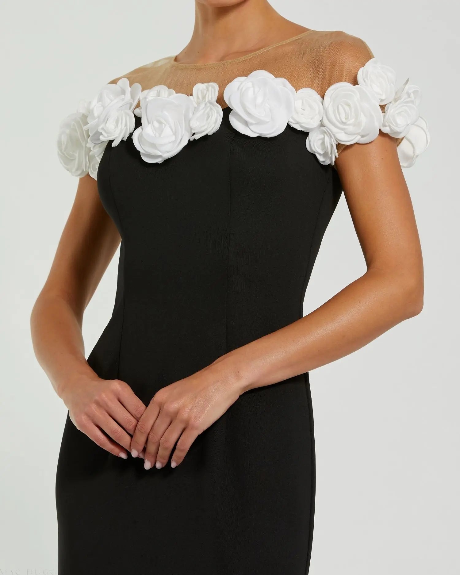 Mac Duggal 21041 Black Cream crepe mermaid gown with 3D flowers - Close up detail