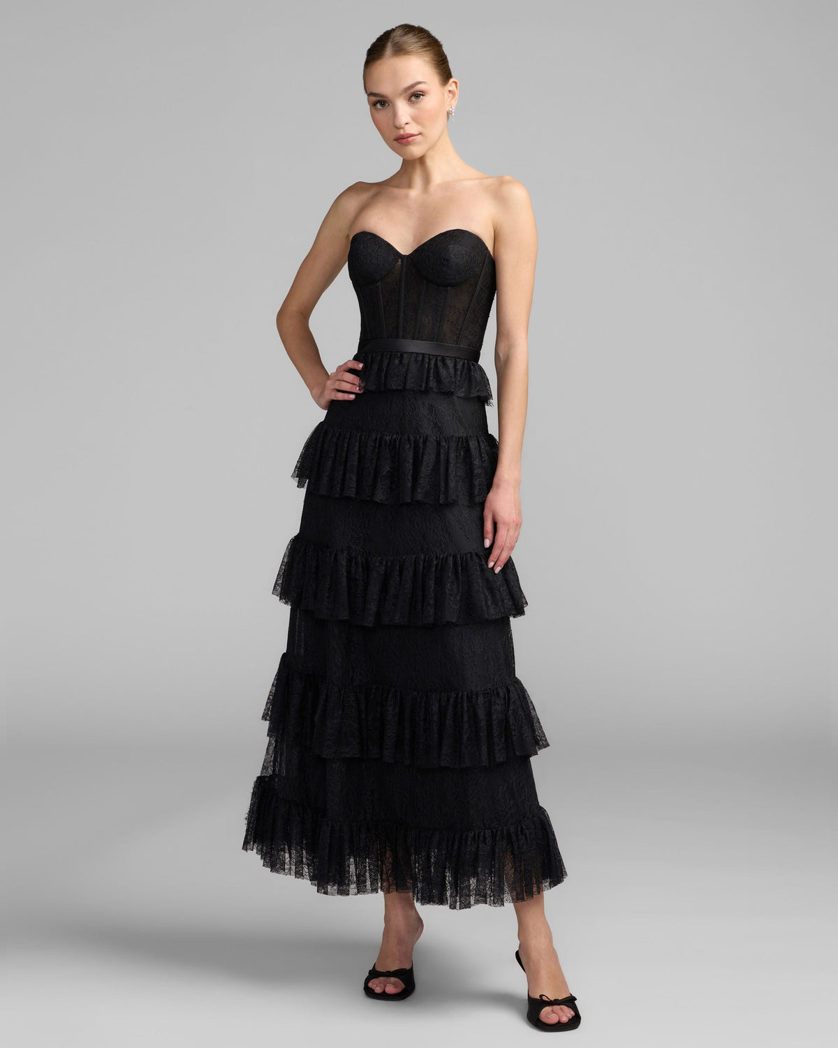 Mac Duggal #21043 black strapless tiered lace midi dress