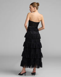 Mac Duggal #21043 black strapless tiered lace midi dress back view