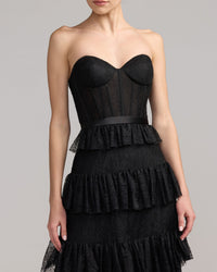 Mac Duggal #21043 black strapless tiered lace midi dress close-up