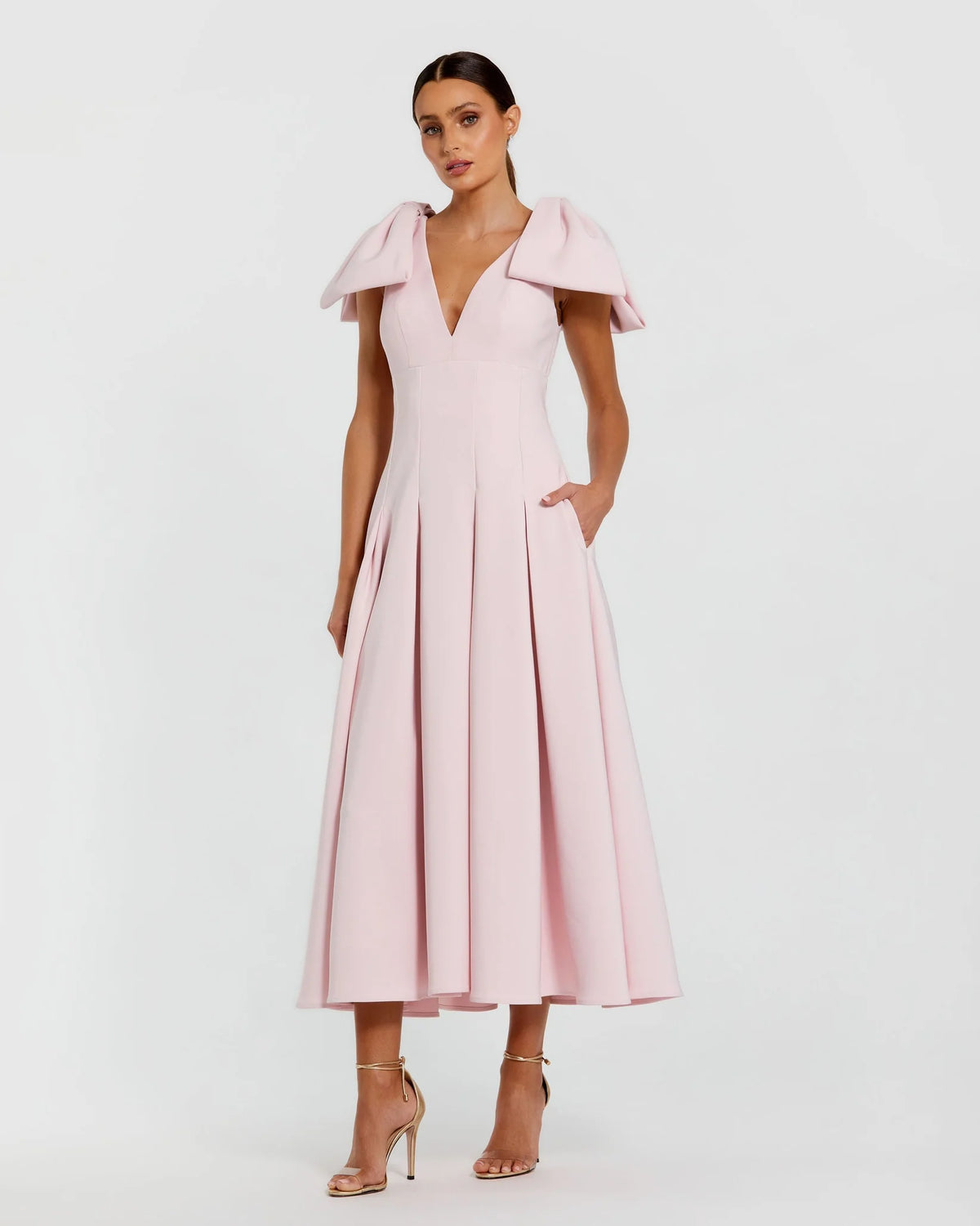 Mac Duggal Pink Crepe A Line Midi Dress With Bow Straps #21046 Blush 