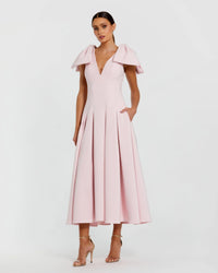 Mac Duggal Pink Crepe A Line Midi Dress With Bow Straps #21046 Blush 