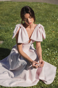 Crepe Midi Dress Bow Straps - Pink
