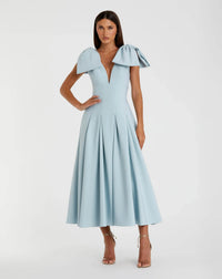 Mac Duggal #21046 ice blue crepe a line midi dress with bow straps