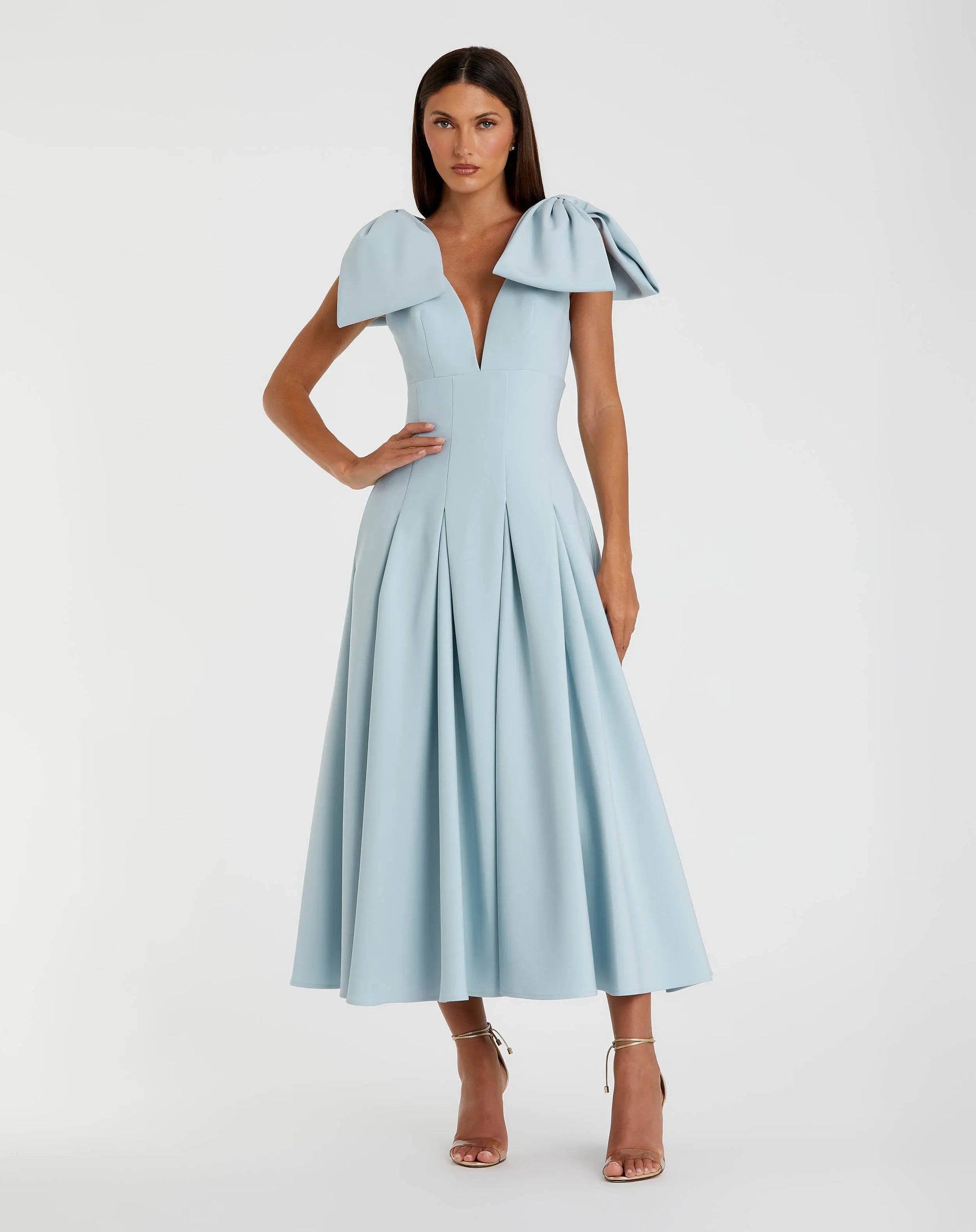 Mac Duggal #21046 ice blue crepe a line midi dress with bow straps