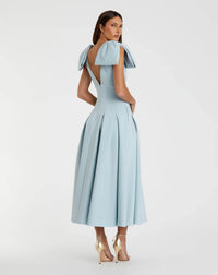 Mac Duggal #21046 ice blue crepe a line midi dress with bow straps
