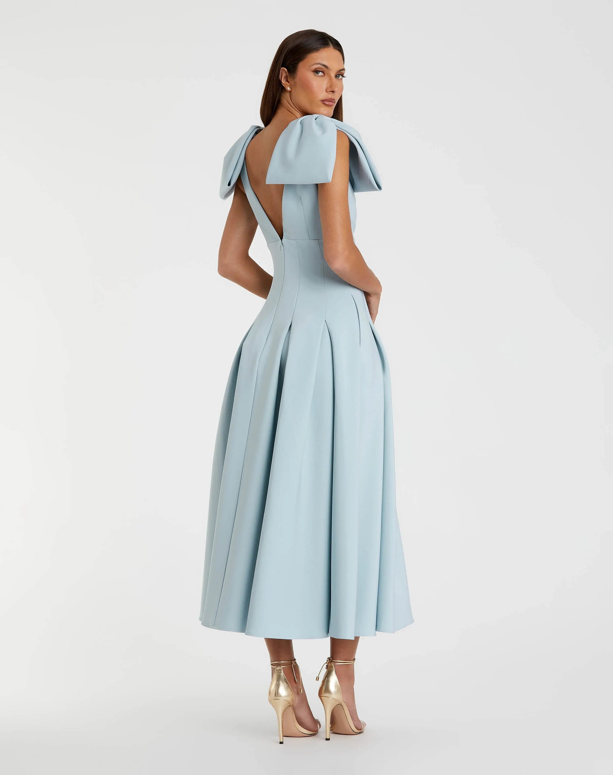 Mac Duggal #21046 ice blue crepe a line midi dress with bow straps