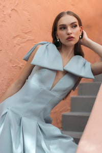 Mac Duggal #21046 ice blue crepe a line midi dress with bow straps