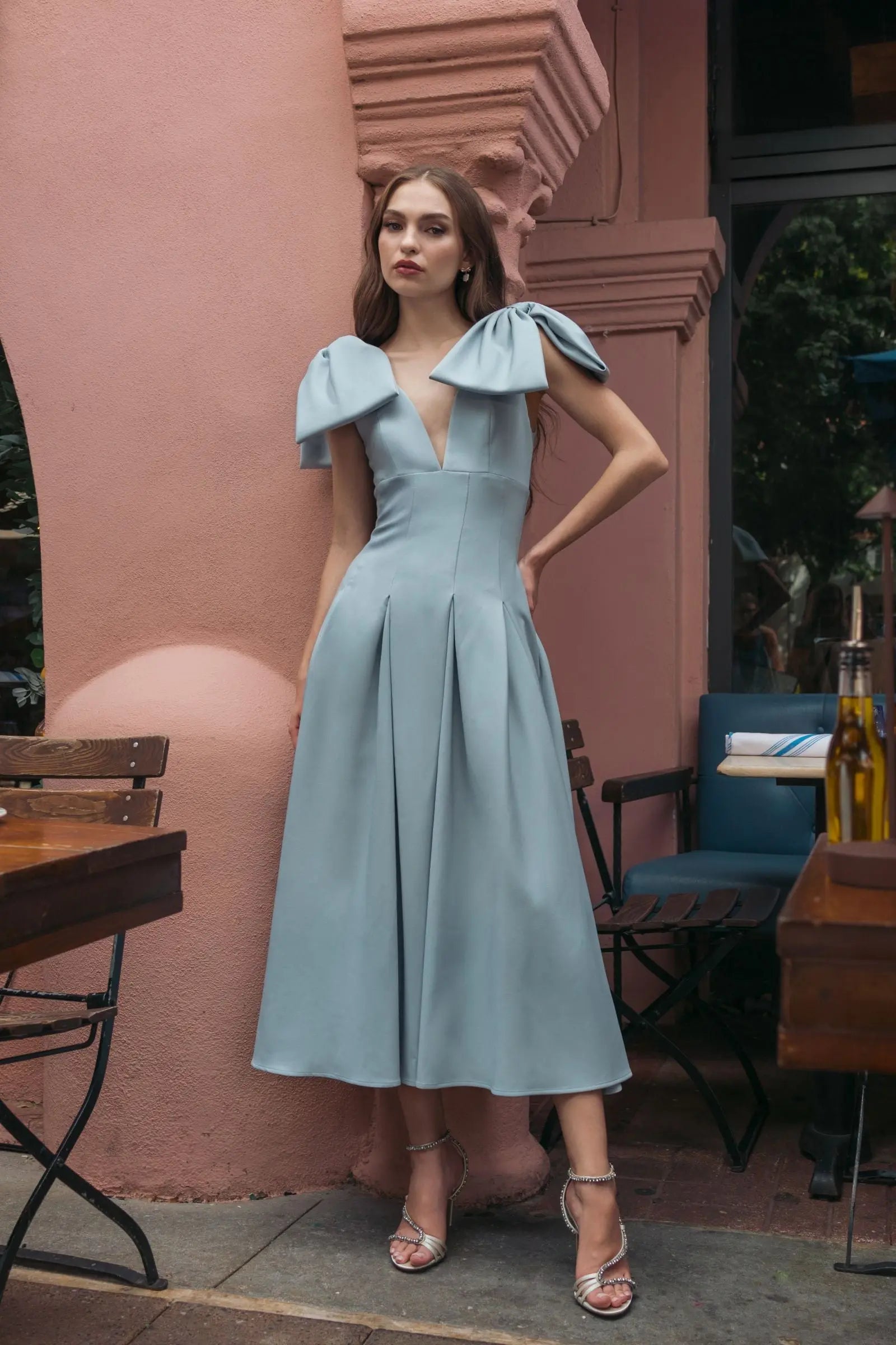 Mac Duggal #21046 ice blue crepe a line midi dress with bow straps