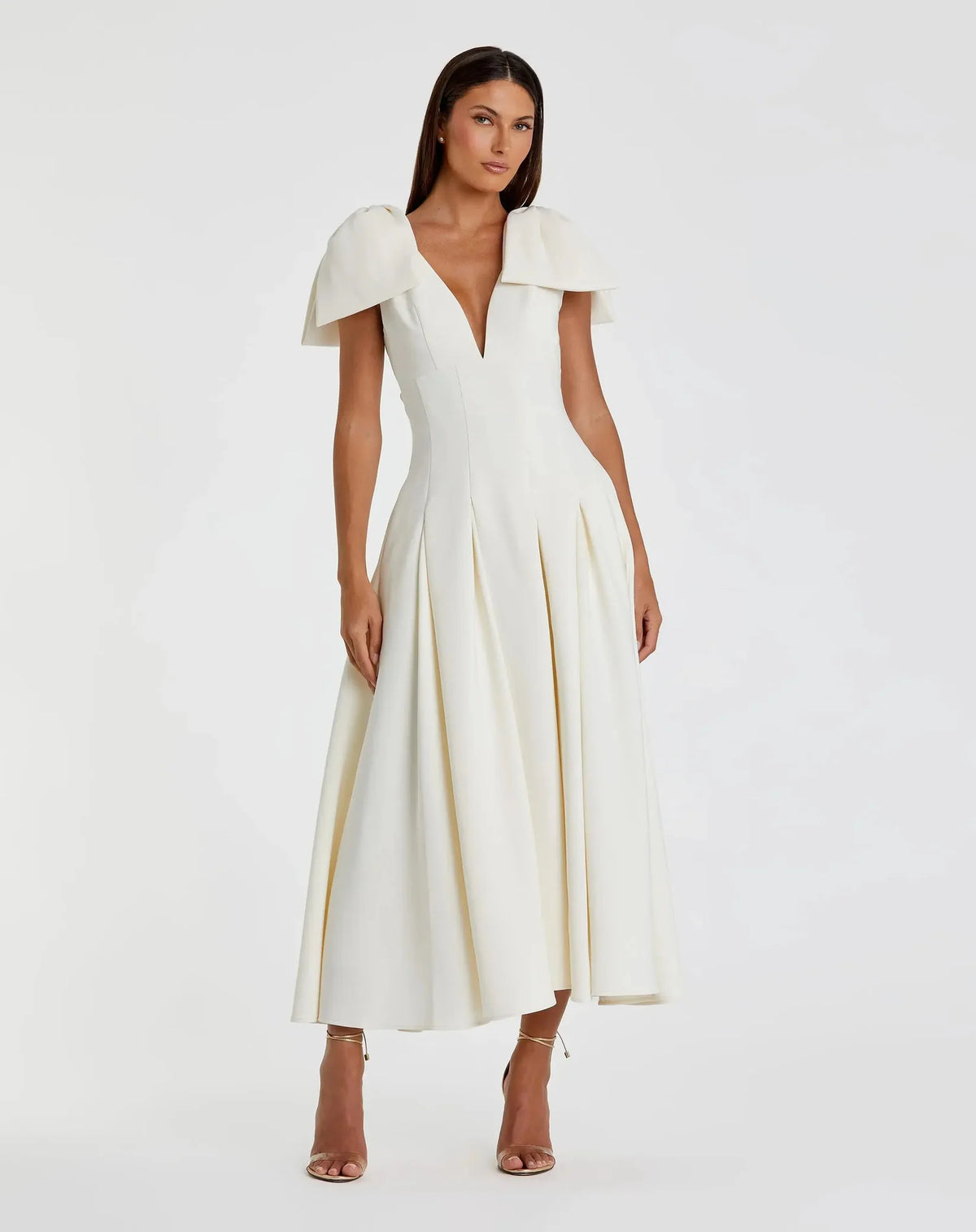 Mac Duggal Crepe A Line Midi Dress With Bow Straps #21046 Ivory