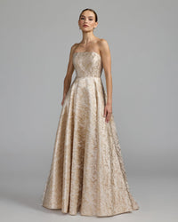 Mac Duggal #21052 champagne gold metallic brocade ball gown