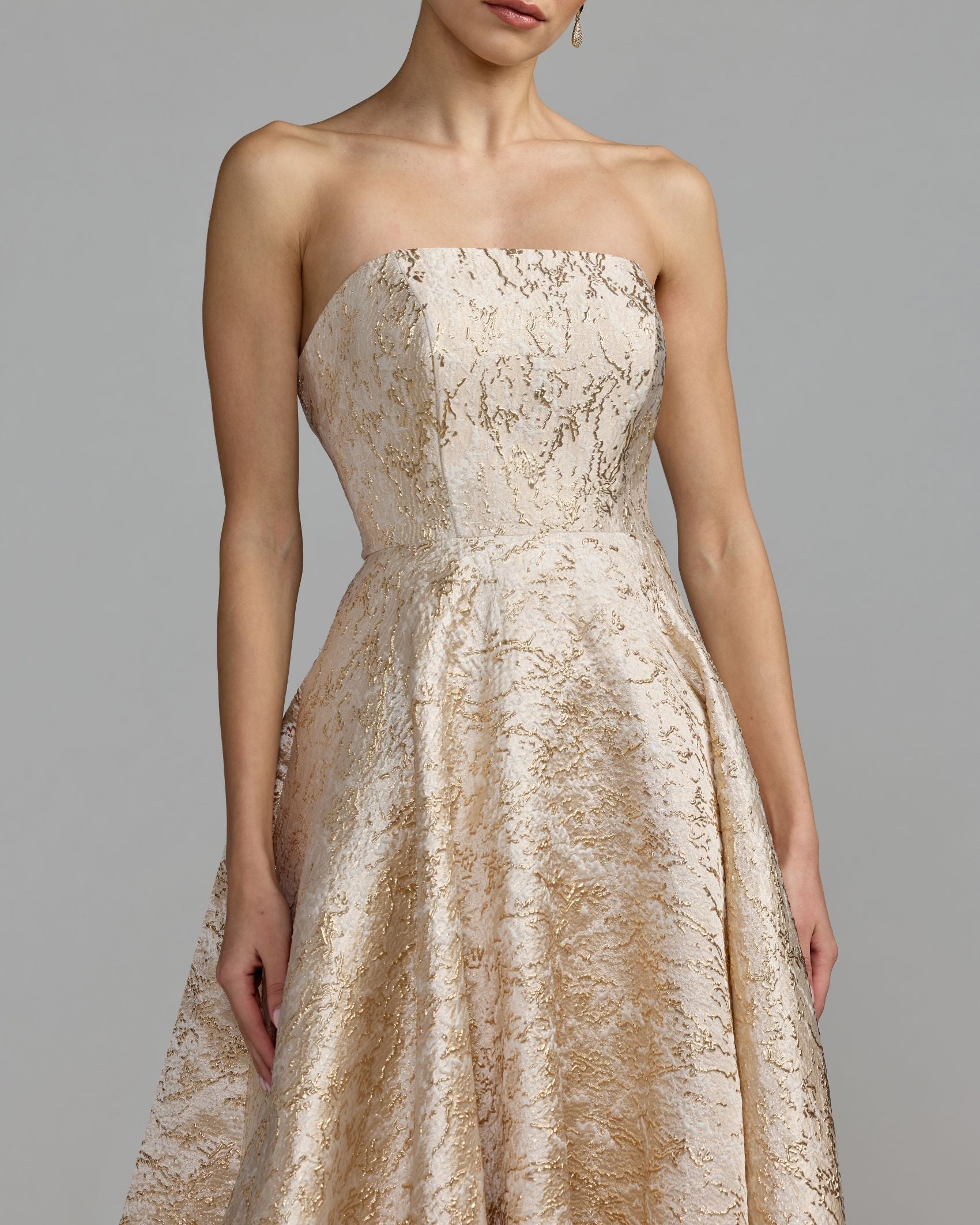 Mac Duggal #21052 champagne gold brocade detail