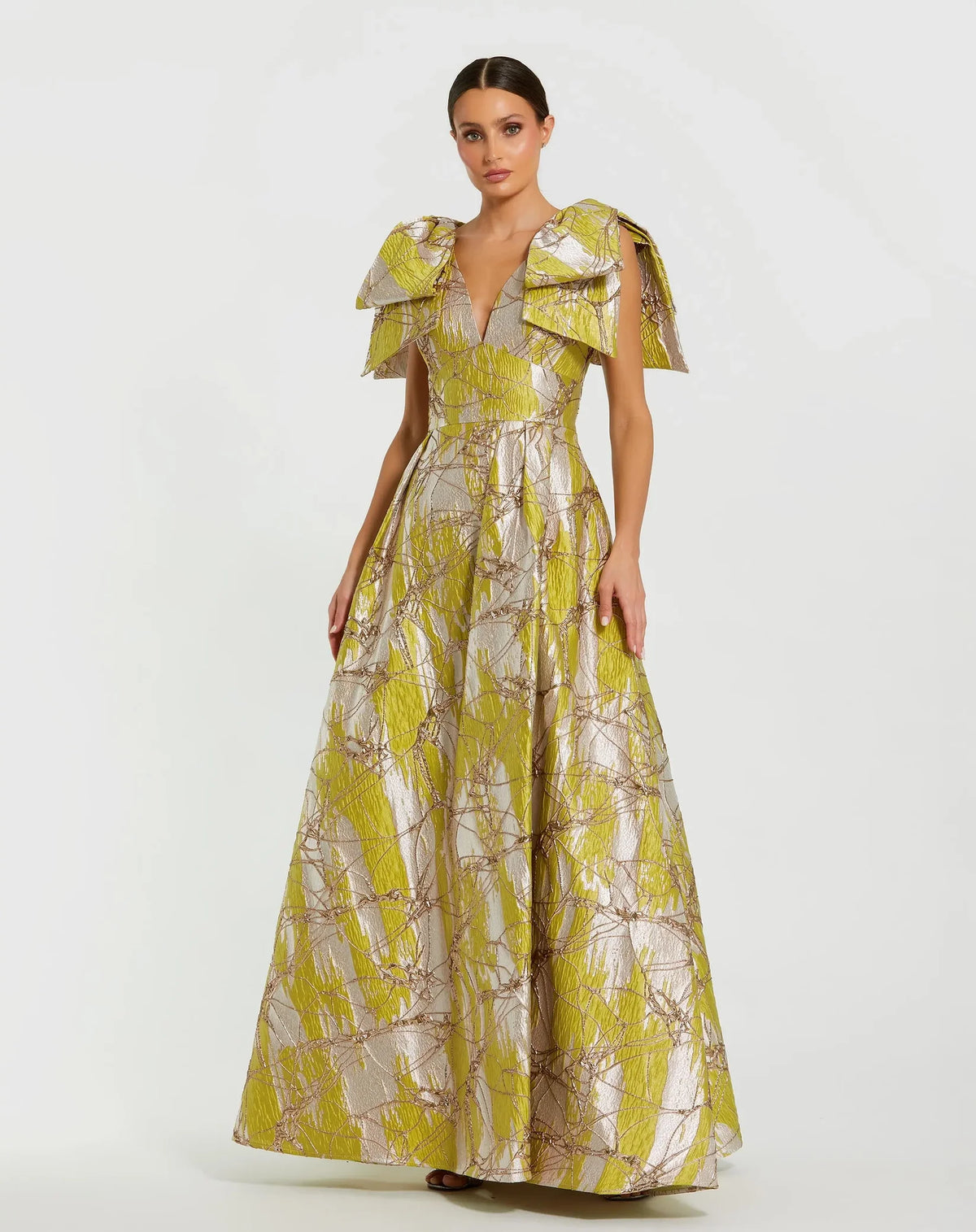 Mac Duggal Green Layered Shoulder Bow Metallic A-Line Gown Lime #21053 Shaide Boutique Mac Duggal Green Layered Shoulder Bow Metallic A-Line Gown Lime #21053 Shaide Boutique