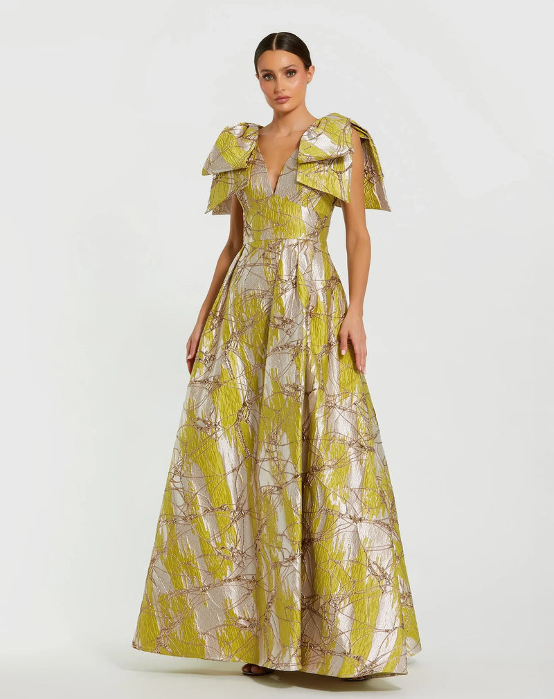 Mac Duggal Green Layered Shoulder Bow Metallic A-Line Gown Lime #21053