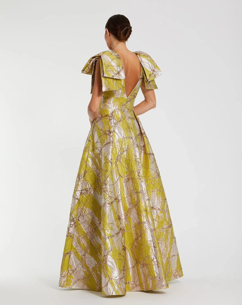 Bow Metallic A-Line Gown - Green