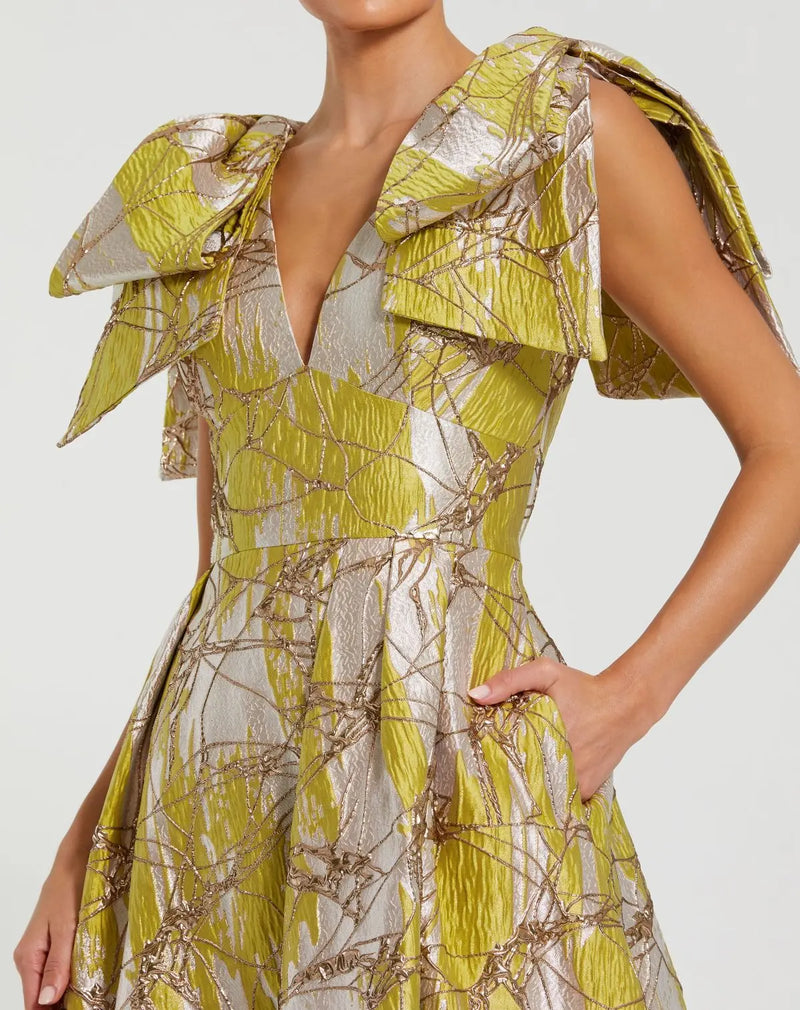 Bow Metallic A-Line Gown - Green