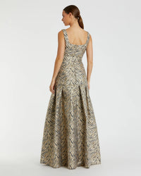 Gold Metallic Jacquard Gown with Square Neckline and Box Pleats - Back