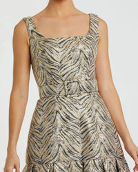Gold Metallic Jacquard Gown with Square Neckline and Box Pleats - Close Up