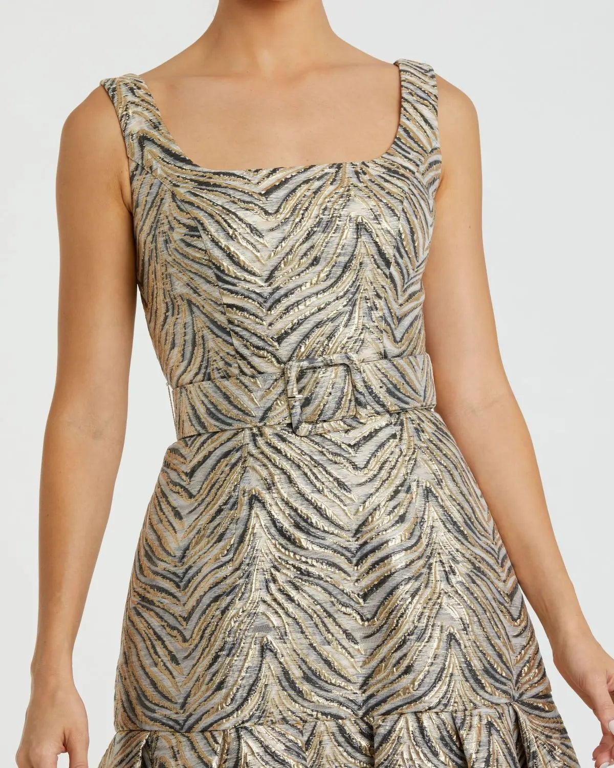 Gold Metallic Jacquard Gown with Square Neckline and Box Pleats - Close Up