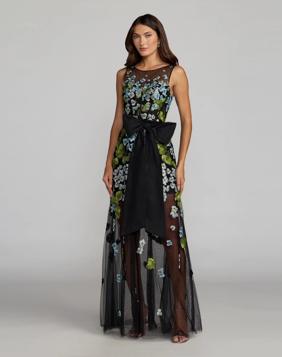 Black Floral Embroidered Corset Gown With Bow Mac Duggal 